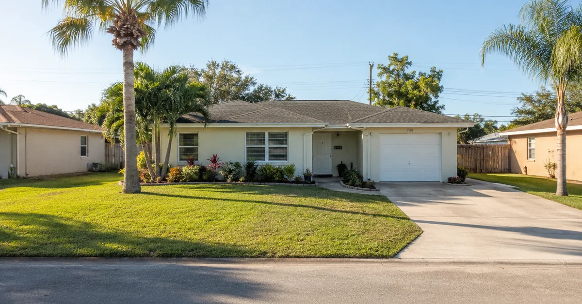 A modest single-family Florida house on a quiet street on a sunny day