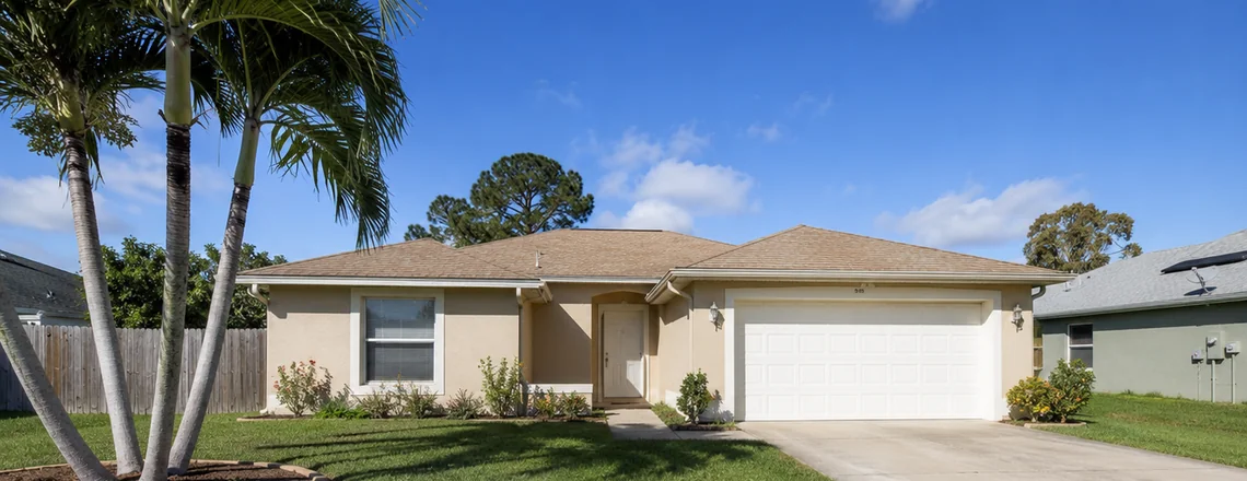 A modest single-family Florida house on a sunny day with palm trees in the yard