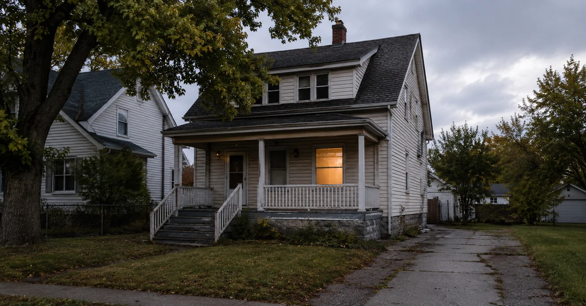A modest single-family house on a Cleveland street in the evening, the kind of home a family fights to keep when payments fall behind