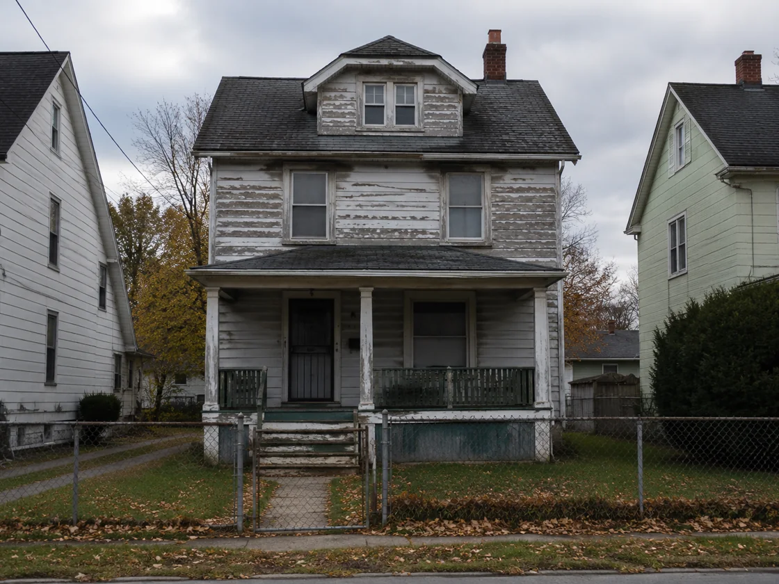 An older Cleveland double with a worn roof and peeling paint, typical of the pre-war housing stock sold as-is