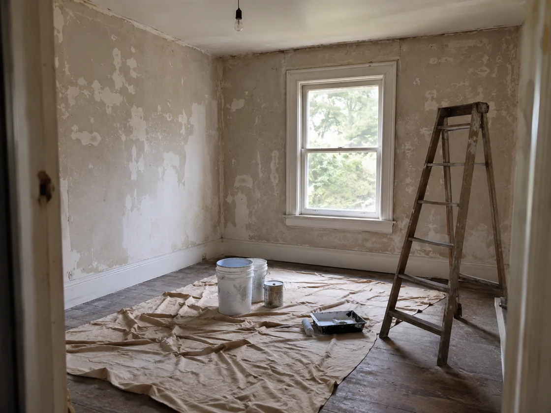 Renovation work underway inside an older Cleveland house, drop cloths and tools in an empty room