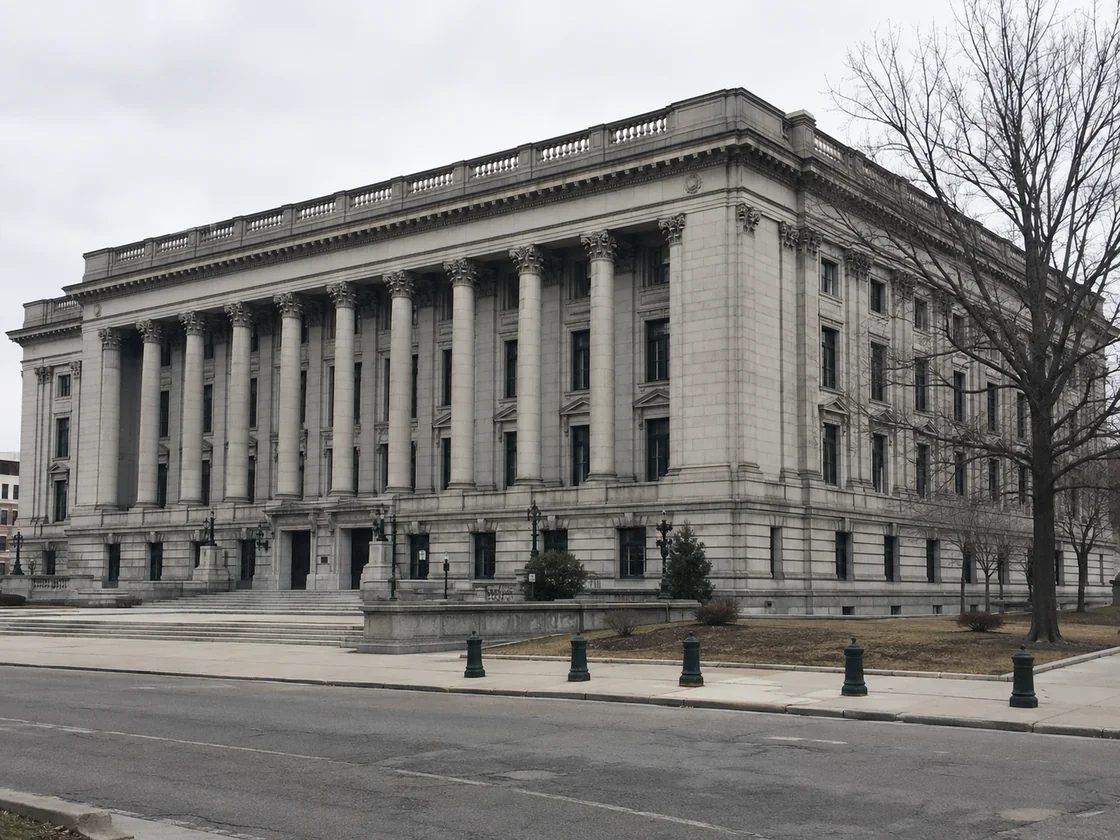 The exterior of a county courthouse, where Ohio tax foreclosure cases and sheriff sales are decided