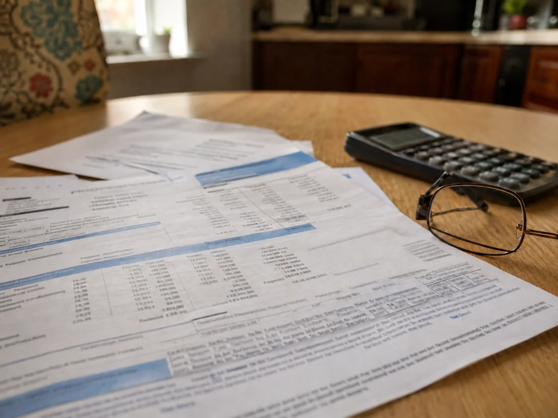 An overdue Cuyahoga County property tax bill on a kitchen table with a calculator and reading glasses