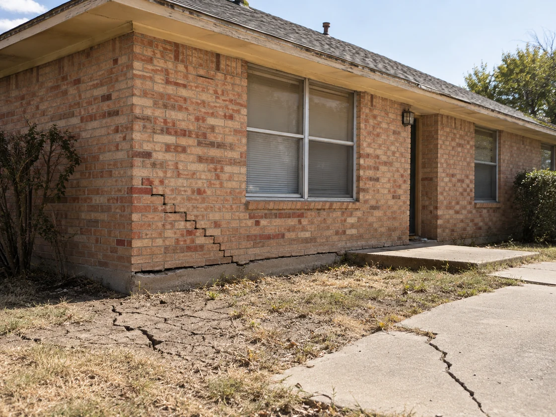 A stair-step crack running through the brick veneer of a one-story Dallas-area house, with dry cracked clay soil and a cracked walkway along the foundation