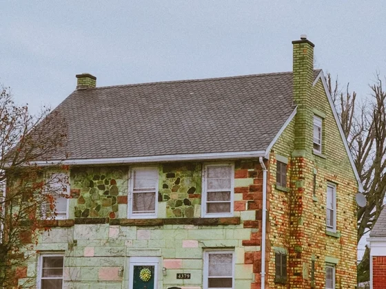 An older brick Detroit bungalow with a worn roof, typical of the housing stock sold as-is