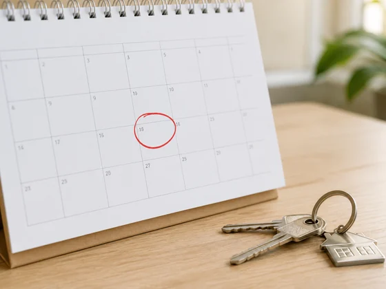 A calendar with a circled date next to a set of house keys