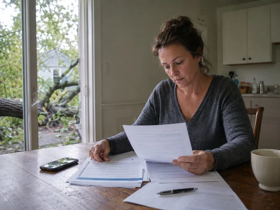 A homeowner reviewing an insurance claim form at a kitchen table after a storm