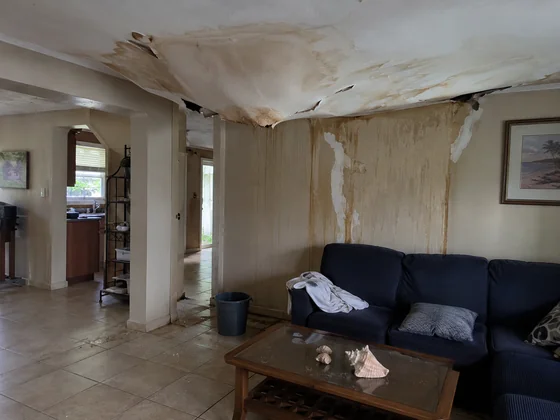 Water damage inside a Florida home after a hurricane, with a stained sagging ceiling and a bucket on the floor catching a drip