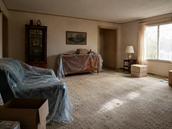 An empty room in an older inherited Florida home with dated furniture and boxes waiting to be cleared out
