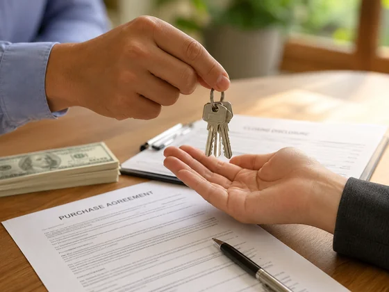 A set of house keys handed across a table at a fast cash closing on an inherited Florida home