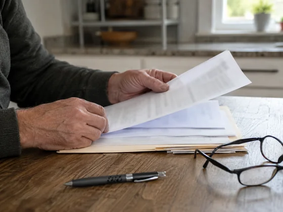 A person reviewing probate and estate paperwork at a kitchen table with a pen and a folder of documents