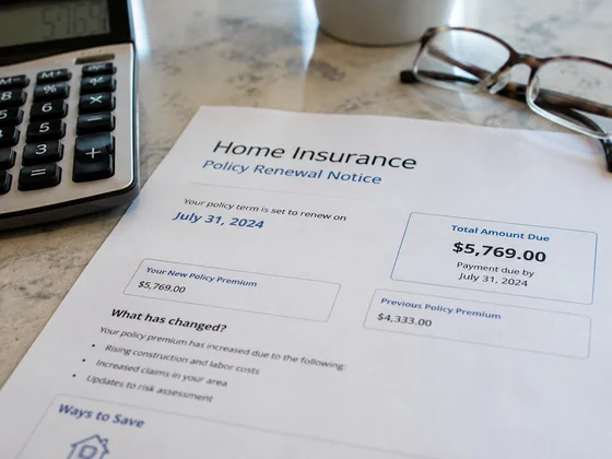 A Florida home insurance renewal bill on a table next to a calculator