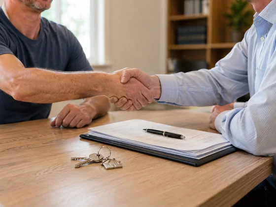 A relieved homeowner shaking hands after closing the sale of a Cleveland house before the foreclosure auction