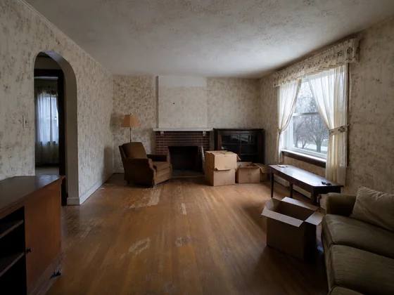 An empty room in an older inherited Cleveland home with dated wallpaper, boxes and furniture waiting to be cleared out