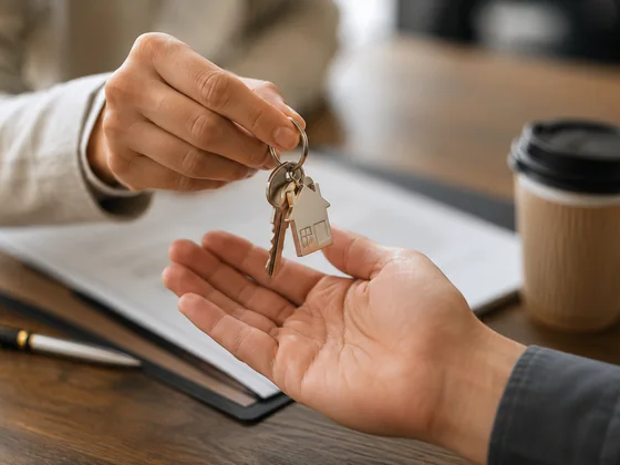 A set of house keys handed across a table at a fast cash closing on an inherited Cleveland home