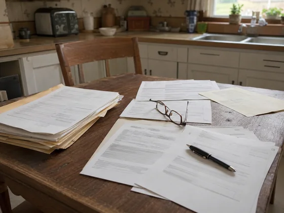 A person reviewing probate and estate paperwork at a kitchen table with a folder of documents and a pen