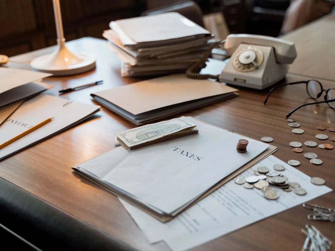 A tax folder and a printed bill on a desk with coins, cash and reading glasses
