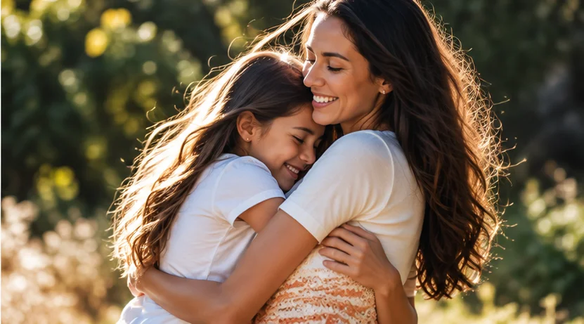 Mother hugging her daughter outside their home after a fresh start