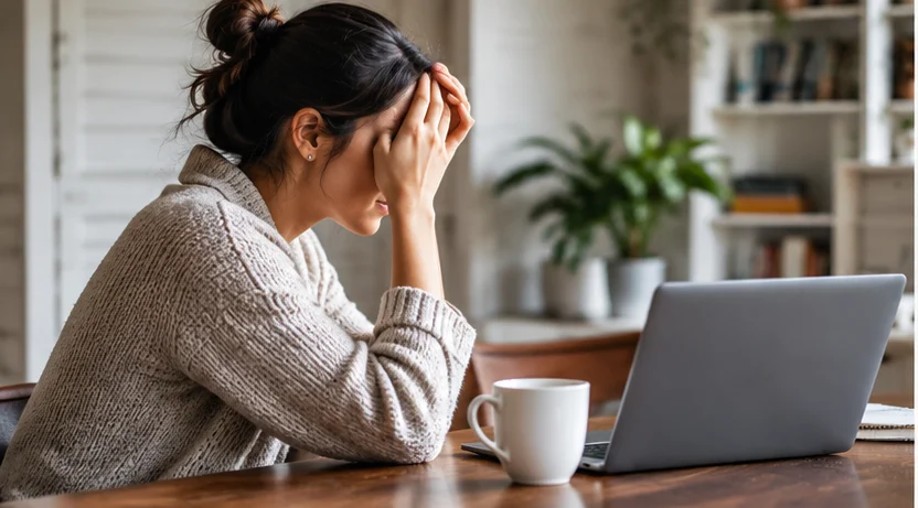 Homeowner overwhelmed at the kitchen table, looking for a way forward