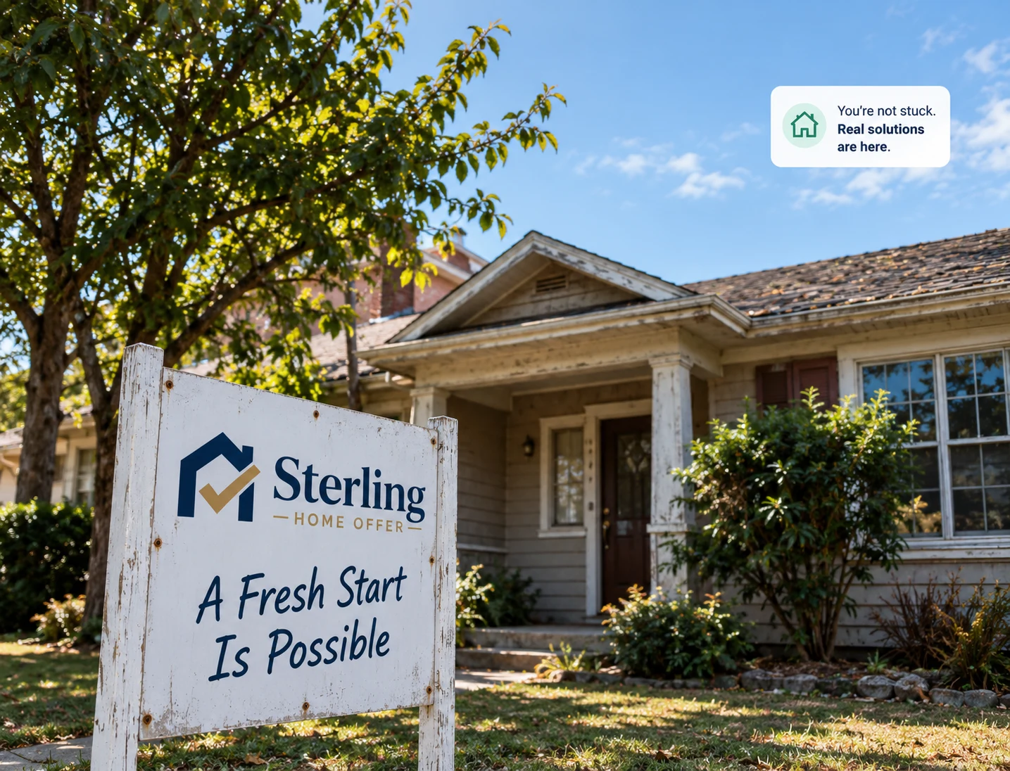 A modest single-family house with a Sterling Home Offer yard sign: a fresh start is possible